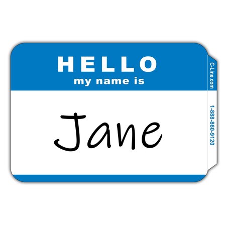 C-LINE PRODUCTS Pressure Sensitive Badges, HELLO my name is, Blue, 3 12 x 2 14, 100BX Set of 10 BX, 1000PK 92235-CT